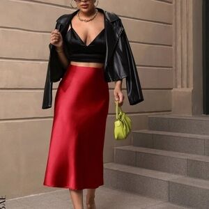 Holiday Satin silk Red skirt midi style with slit XL /12